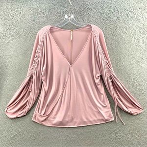 Free People Women's S Faux Wrap V-Neck Tie Sleeve Preppy Pink Mauve Blouse Top